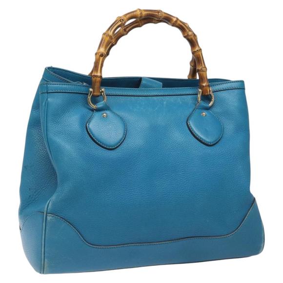 GUCCI Bamboo Hand Bag Leather Blue Gold 282317 Auth 112381 - Picture 1 of 16